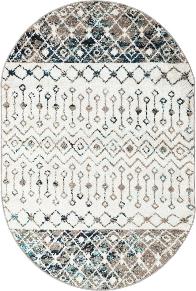 Ivory Gray Blue 4' 1 x 6' 1 Tribal Trellis Oval Area Rug Geometric Southwestern Inspired Durable Carpet for Home Interior Design for Sale at Rug Engine