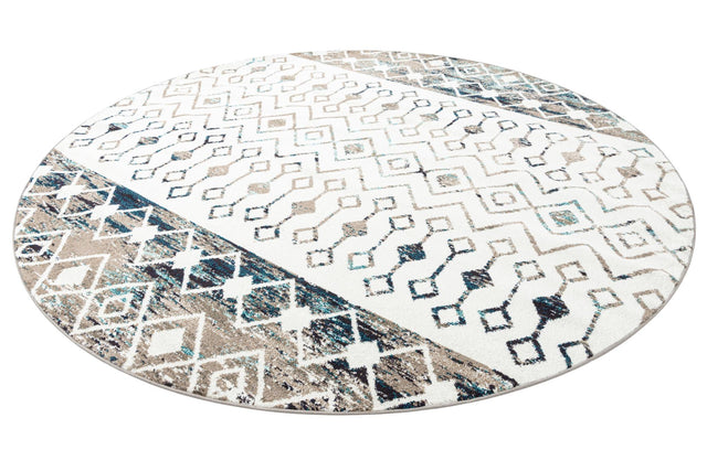 Ivory Gray Blue 10' x 10' Tribal Trellis Round Area Rug Geometric Southwestern Inspired Durable Carpet for Home Interior Design for Sale at Rug Engine