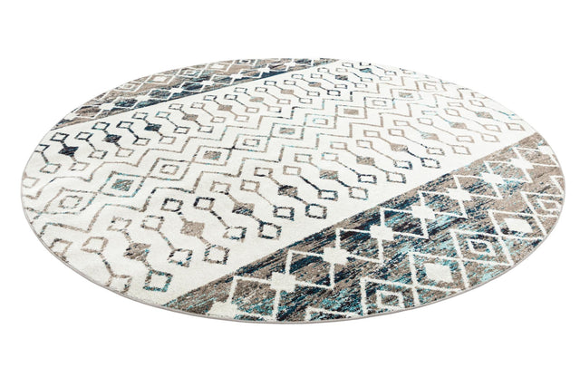 Ivory Gray Blue 10' x 10' Tribal Trellis Round Area Rug Geometric Southwestern Inspired Durable Carpet for Home Interior Design for Sale at Rug Engine