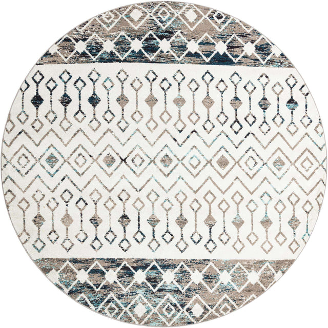 Ivory Gray Blue 10' x 10' Tribal Trellis Round Area Rug Geometric Southwestern Inspired Durable Carpet for Home Interior Design for Sale at Rug Engine