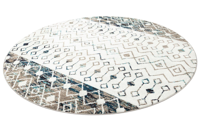 Ivory Gray Blue 7' 10 x 7' 10 Tribal Trellis Round Area Rug Geometric Southwestern Inspired Durable Carpet for Home Interior Design for Sale at Rug Engine