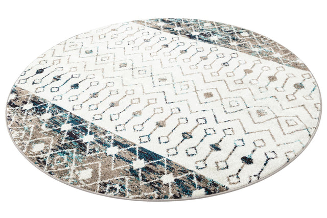 Ivory Gray Blue 6' 1 x 6' 1 Tribal Trellis Round Area Rug Geometric Southwestern Inspired Durable Carpet for Home Interior Design for Sale at Rug Engine