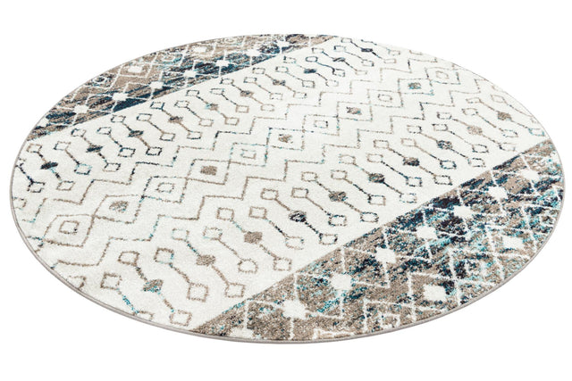 Ivory Gray Blue 6' 1 x 6' 1 Tribal Trellis Round Area Rug Geometric Southwestern Inspired Durable Carpet for Home Interior Design for Sale at Rug Engine