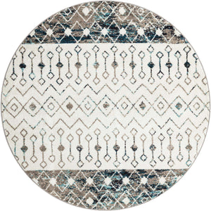 Ivory Gray Blue 6' 1 x 6' 1 Tribal Trellis Round Area Rug Geometric Southwestern Inspired Durable Carpet for Home Interior Design for Sale at Rug Engine