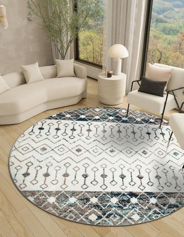 Ivory Gray Blue 5' 3 x 5' 3 Tribal Trellis Round Area Rug Geometric Southwestern Inspired Durable Carpet for Home Interior Design for Sale at Rug Engine