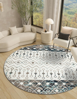 Ivory Gray Blue 6' 1 x 6' 1 Tribal Trellis Round Area Rug Geometric Southwestern Inspired Durable Carpet for Home Interior Design for Sale at Rug Engine