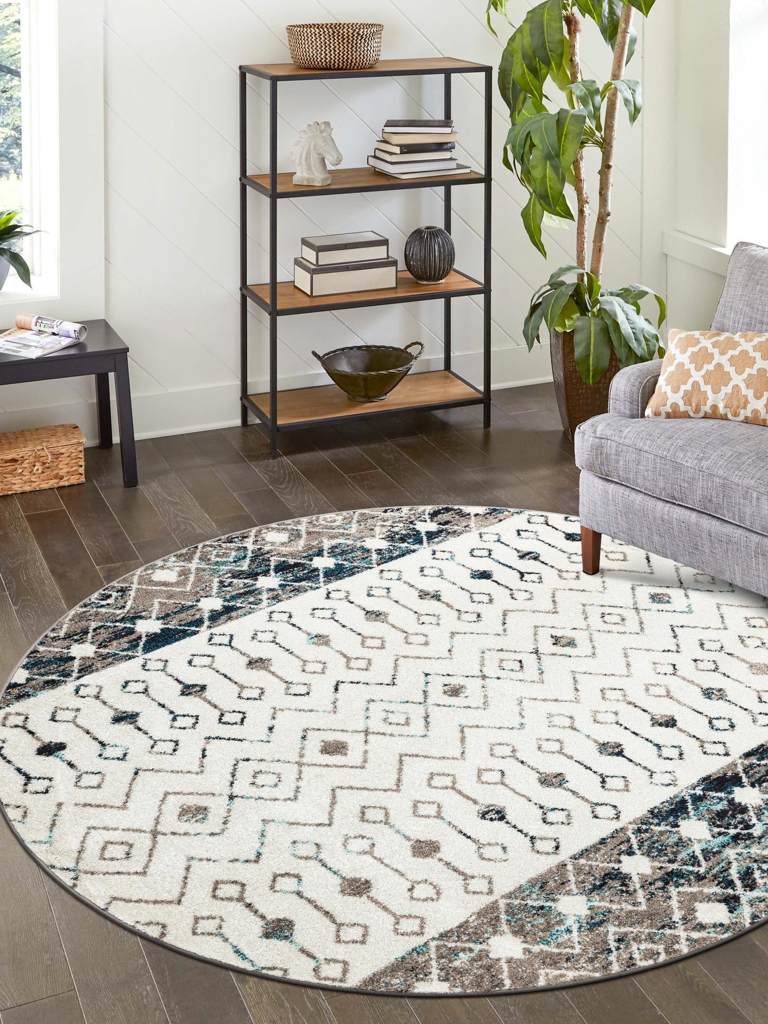Ivory Gray Blue 3' 1 x 3' 1 Tribal Trellis Round Area Rug Geometric Southwestern Inspired Durable Carpet for Home Interior Design for Sale at Rug Engine