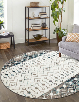 Ivory Gray Blue 3' 1 x 3' 1 Tribal Trellis Round Area Rug Geometric Southwestern Inspired Durable Carpet for Home Interior Design for Sale at Rug Engine