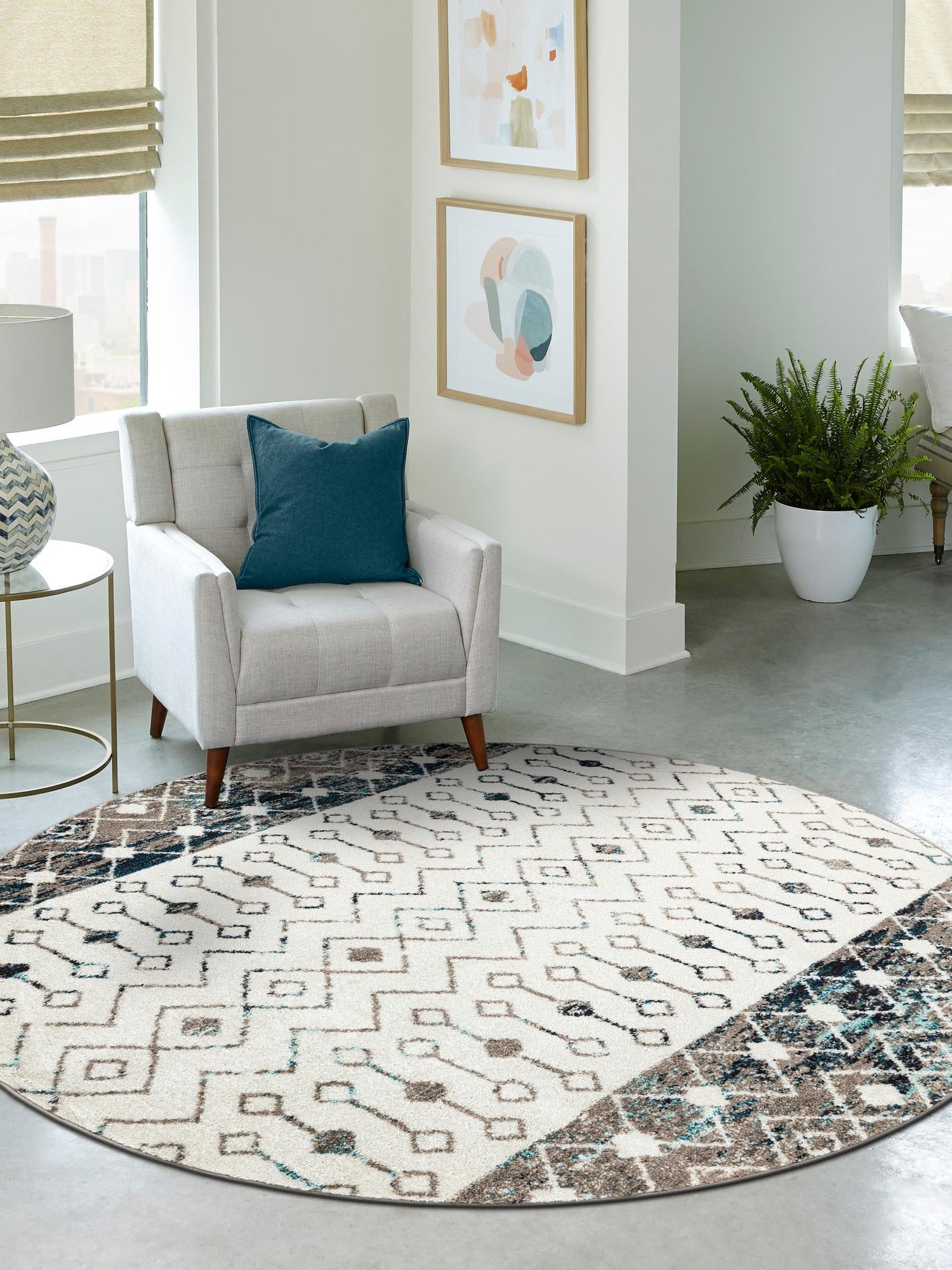 Ivory Gray Blue 5' 3 x 5' 3 Tribal Trellis Round Area Rug Geometric Southwestern Inspired Durable Carpet for Home Interior Design for Sale at Rug Engine
