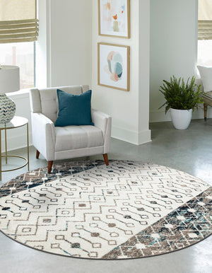 Ivory Gray Blue 7' 10 x 7' 10 Tribal Trellis Round Area Rug Geometric Southwestern Inspired Durable Carpet for Home Interior Design for Sale at Rug Engine