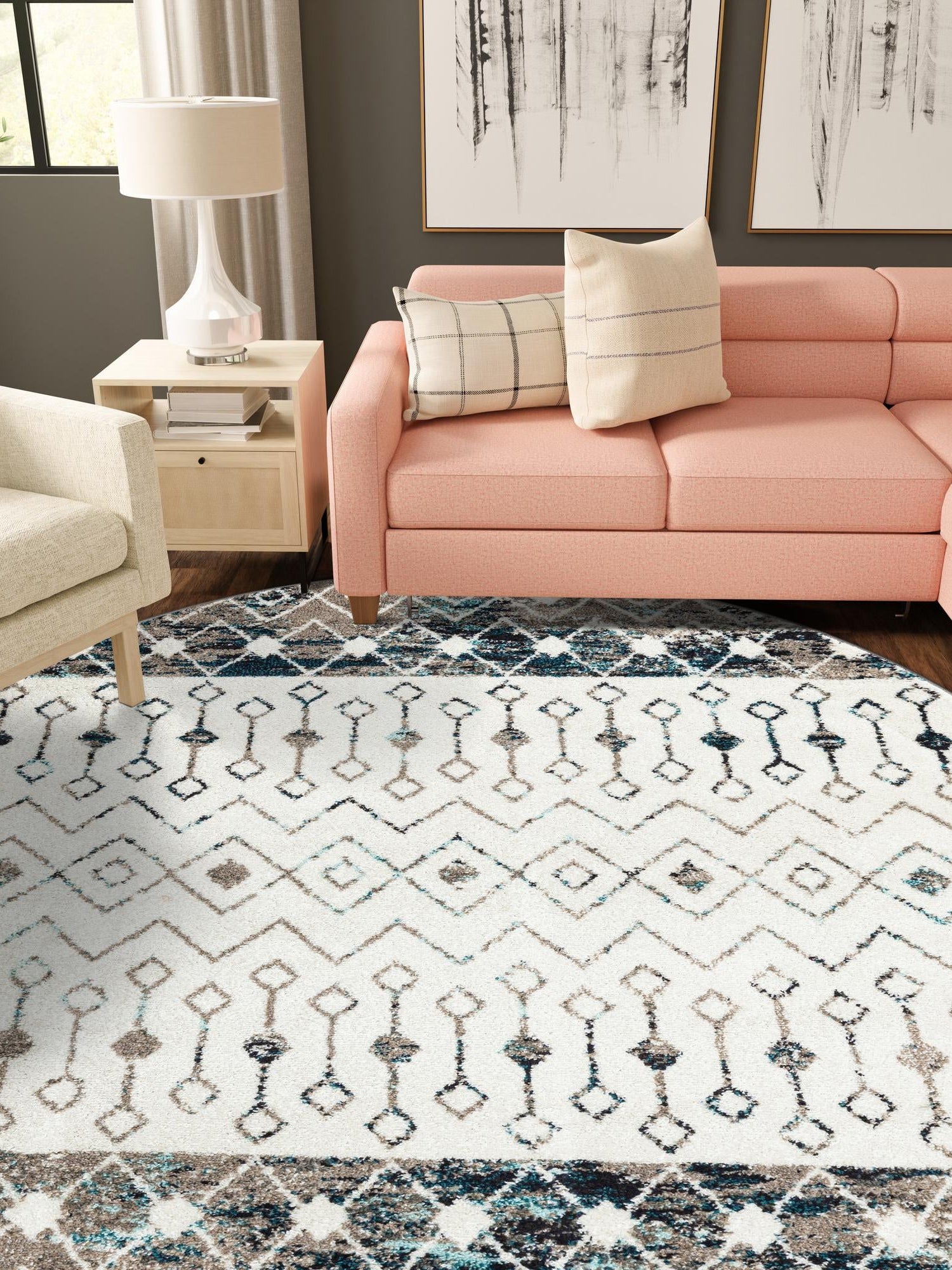 Ivory Gray Blue 5' 3 x 5' 3 Tribal Trellis Round Area Rug Geometric Southwestern Inspired Durable Carpet for Home Interior Design for Sale at Rug Engine