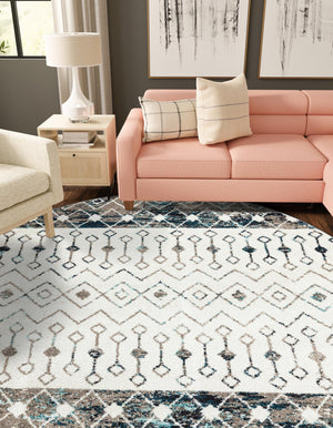 Ivory Gray Blue 10' x 10' Tribal Trellis Round Area Rug Geometric Southwestern Inspired Durable Carpet for Home Interior Design for Sale at Rug Engine