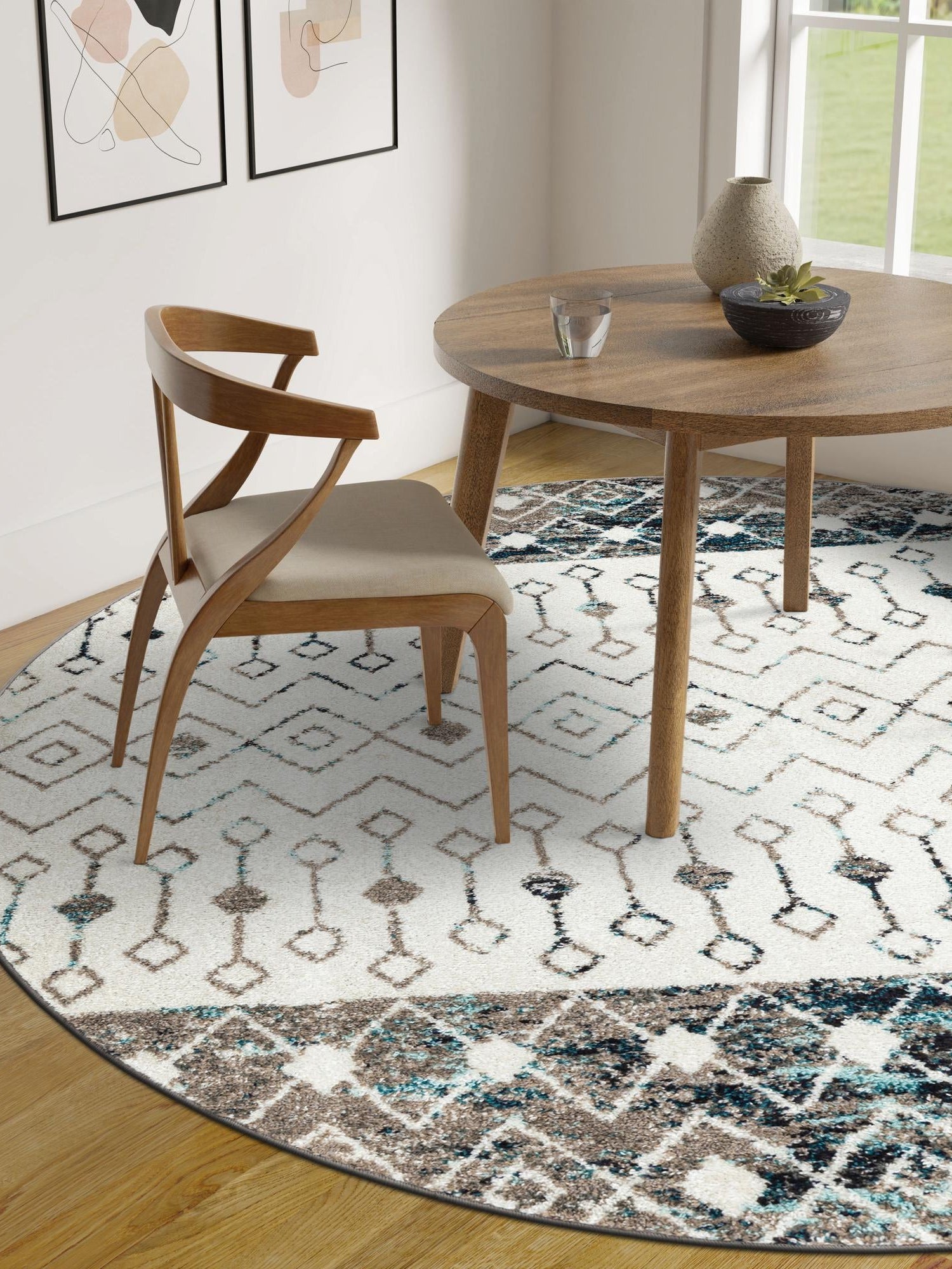 Ivory Gray Blue 5' 3 x 5' 3 Tribal Trellis Round Area Rug Geometric Southwestern Inspired Durable Carpet for Home Interior Design for Sale at Rug Engine