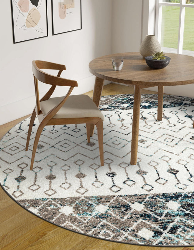 Ivory Gray Blue 10' x 10' Tribal Trellis Round Area Rug Geometric Southwestern Inspired Durable Carpet for Home Interior Design for Sale at Rug Engine