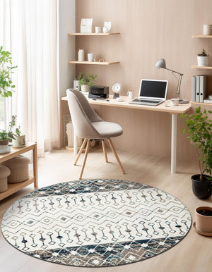 Ivory Gray Blue 5' 3 x 5' 3 Tribal Trellis Round Area Rug Geometric Southwestern Inspired Durable Carpet for Home Interior Design for Sale at Rug Engine
