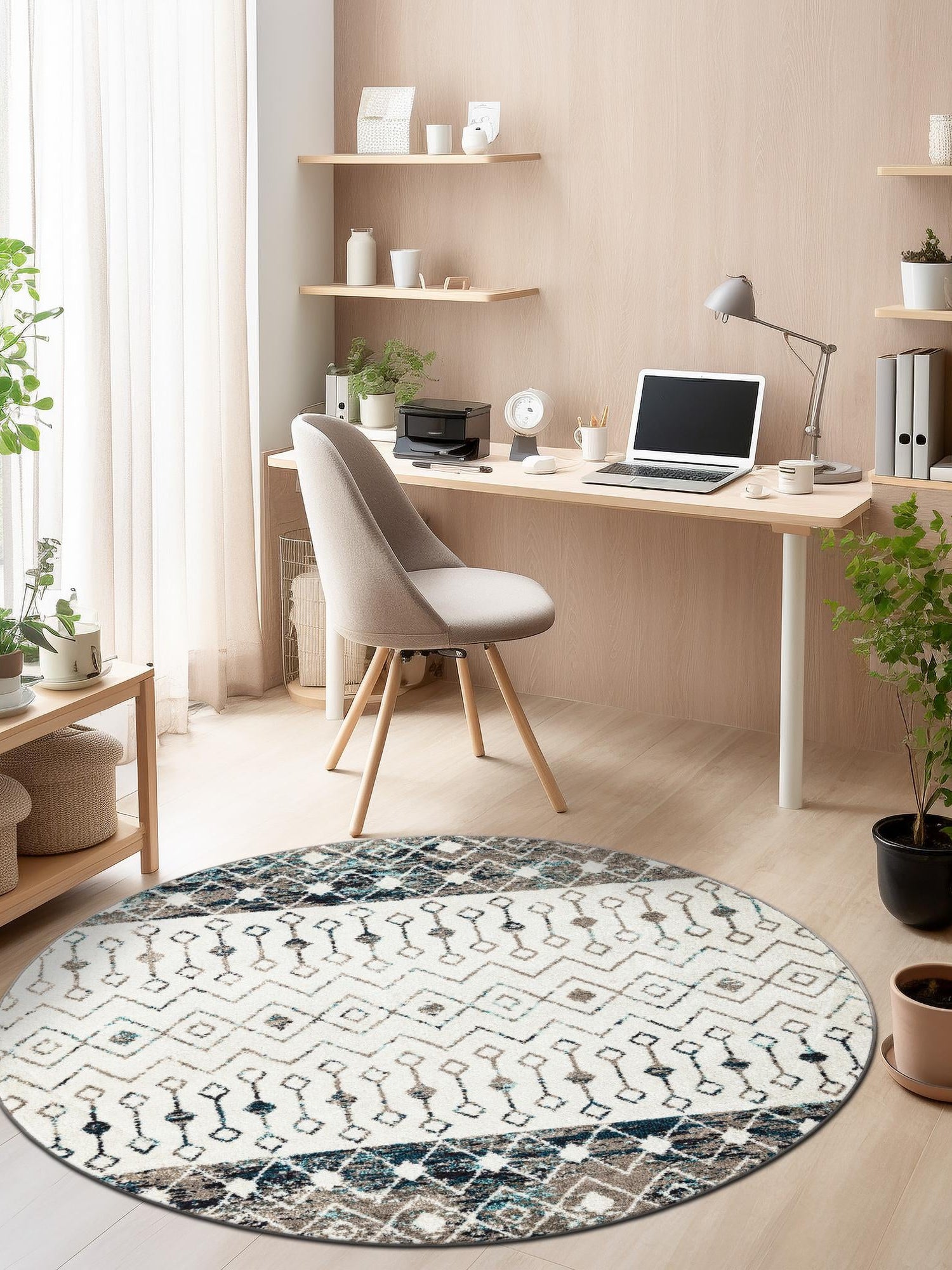 Ivory Gray Blue 3' 1 x 3' 1 Tribal Trellis Round Area Rug Geometric Southwestern Inspired Durable Carpet for Home Interior Design for Sale at Rug Engine