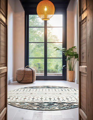 Ivory Gray Blue 10' x 10' Tribal Trellis Round Area Rug Geometric Southwestern Inspired Durable Carpet for Home Interior Design for Sale at Rug Engine