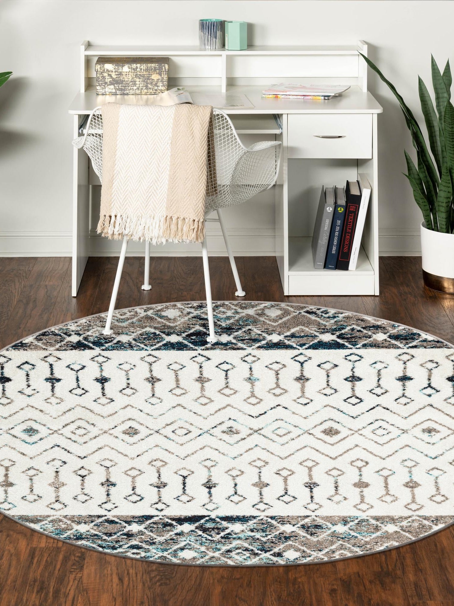 Ivory Gray Blue 10' x 10' Tribal Trellis Round Area Rug Geometric Southwestern Inspired Durable Carpet for Home Interior Design for Sale at Rug Engine