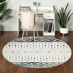 Ivory Gray Blue 7' 10 x 7' 10 Tribal Trellis Round Area Rug Geometric Southwestern Inspired Durable Carpet for Home Interior Design for Sale at Rug Engine