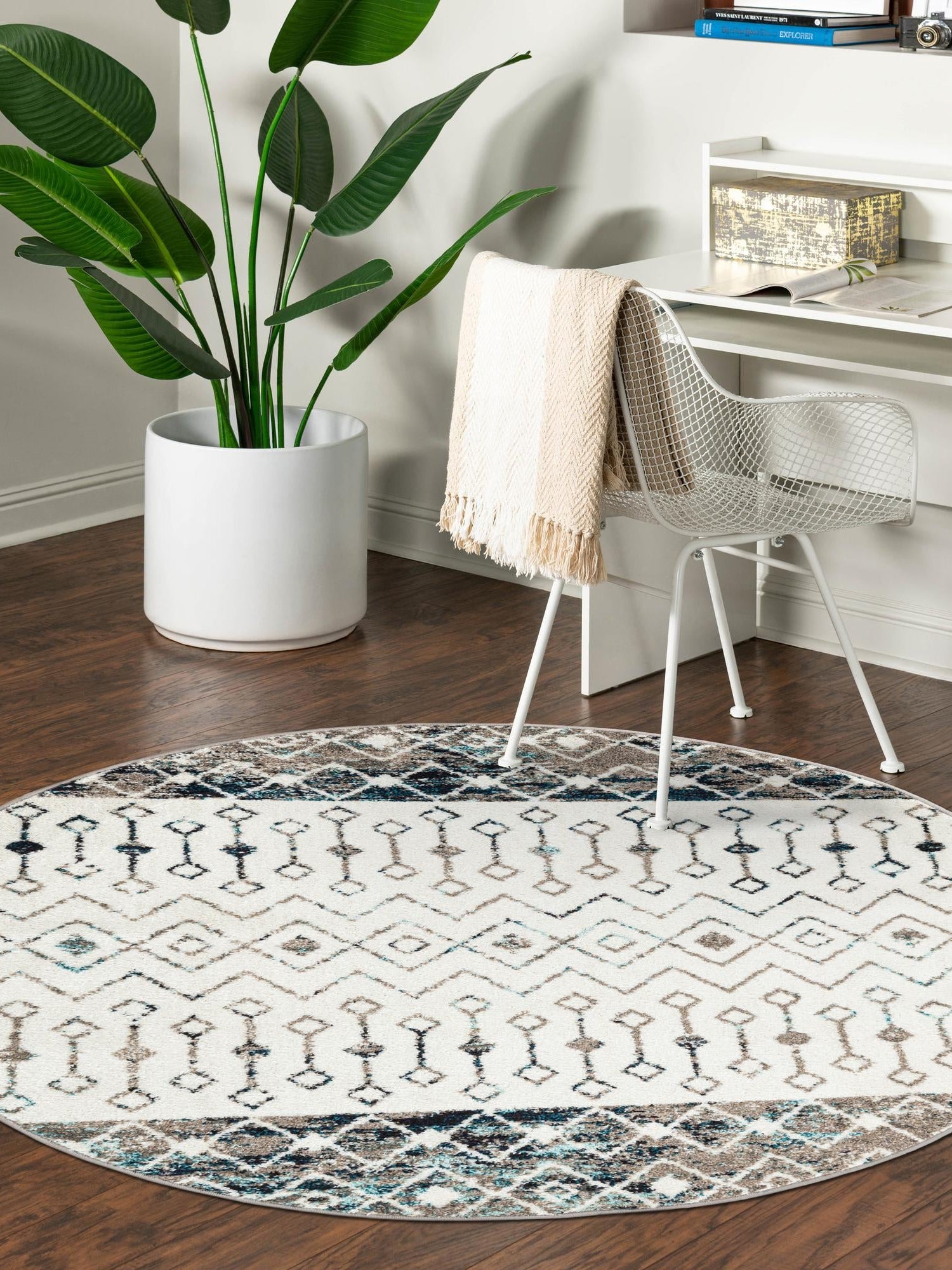 Ivory Gray Blue 3' 1 x 3' 1 Tribal Trellis Round Area Rug Geometric Southwestern Inspired Durable Carpet for Home Interior Design for Sale at Rug Engine