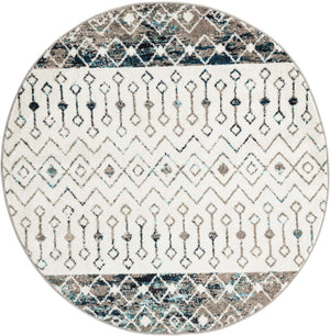 Ivory Gray Blue 5' 3 x 5' 3 Tribal Trellis Round Area Rug Geometric Southwestern Inspired Durable Carpet for Home Interior Design for Sale at Rug Engine