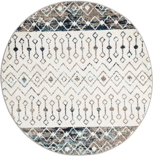 Ivory Gray Blue 5' 3 x 5' 3 Tribal Trellis Round Area Rug Geometric Southwestern Inspired Durable Carpet for Home Interior Design for Sale at Rug Engine
