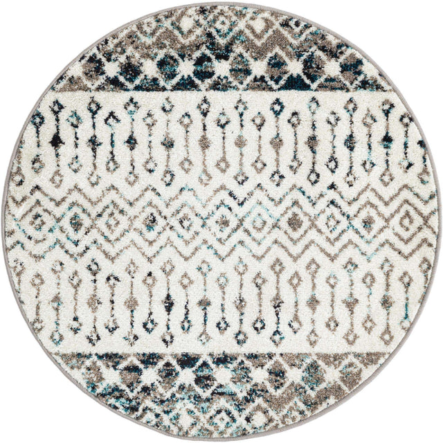 Ivory Gray Blue 3' 1 x 3' 1 Tribal Trellis Round Area Rug Geometric Southwestern Inspired Durable Carpet for Home Interior Design for Sale at Rug Engine