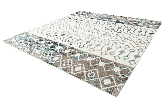 Ivory Gray Blue 10' x 10' Tribal Trellis Square Area Rug Geometric Southwestern Inspired Durable Carpet for Home Interior Design for Sale at Rug Engine