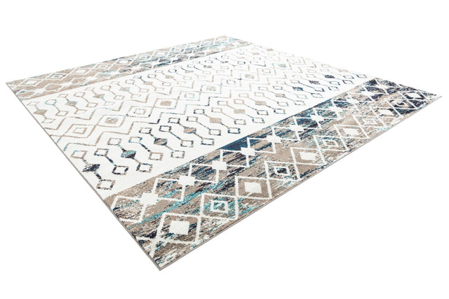 Ivory Gray Blue 10' x 10' Tribal Trellis Square Area Rug Geometric Southwestern Inspired Durable Carpet for Home Interior Design for Sale at Rug Engine
