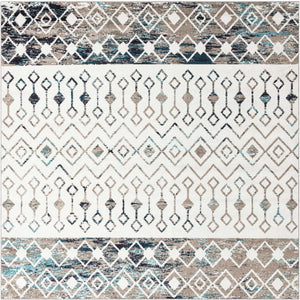 Ivory Gray Blue 10' x 10' Tribal Trellis Square Area Rug Geometric Southwestern Inspired Durable Carpet for Home Interior Design for Sale at Rug Engine