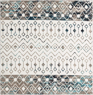 Ivory Gray Blue 7' 10 x 7' 10 Tribal Trellis Square Area Rug Geometric Southwestern Inspired Durable Carpet for Home Interior Design for Sale at Rug Engine