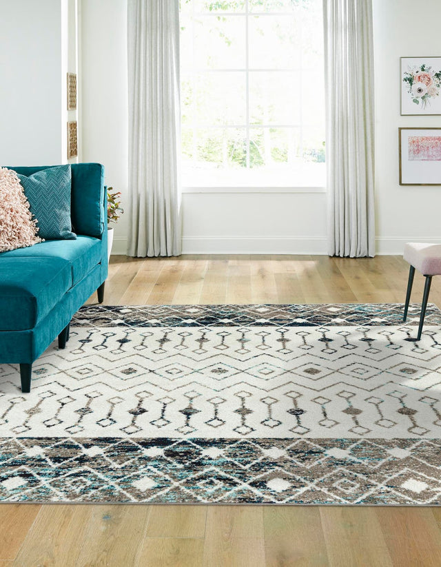 Ivory Gray Blue 6' 1 x 6' 1 Tribal Trellis Square Area Rug Geometric Southwestern Inspired Durable Carpet for Home Interior Design for Sale at Rug Engine