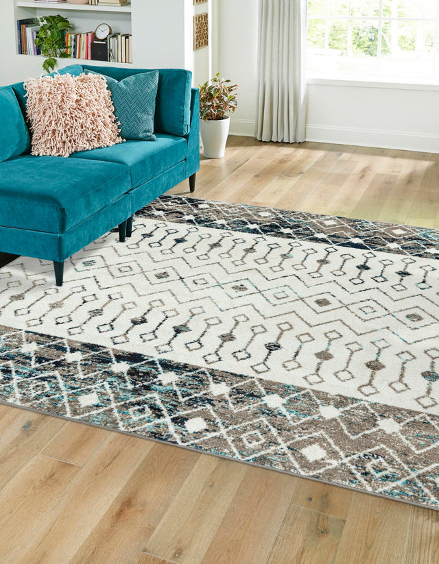 Ivory Gray Blue 3' 1 x 3' 1 Tribal Trellis Square Area Rug Geometric Southwestern Inspired Durable Carpet for Home Interior Design for Sale at Rug Engine