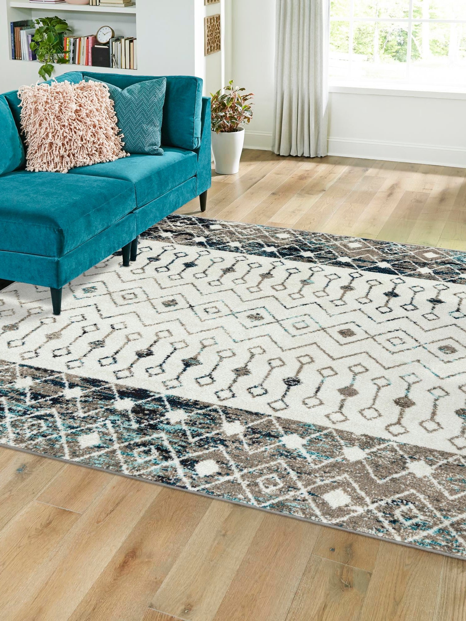 Ivory Gray Blue 5' 3 x 5' 3 Tribal Trellis Square Area Rug Geometric Southwestern Inspired Durable Carpet for Home Interior Design for Sale at Rug Engine