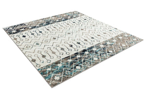 Ivory Gray Blue 6' 1 x 6' 1 Tribal Trellis Square Area Rug Geometric Southwestern Inspired Durable Carpet for Home Interior Design for Sale at Rug Engine