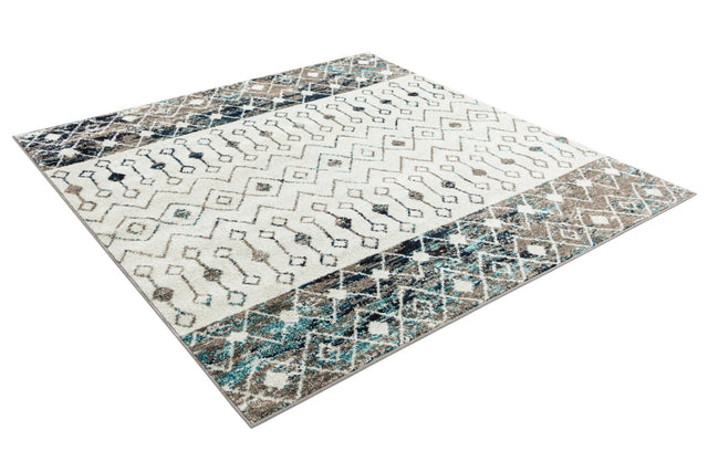 Ivory Gray Blue 6' 1 x 6' 1 Tribal Trellis Square Area Rug Geometric Southwestern Inspired Durable Carpet for Home Interior Design for Sale at Rug Engine