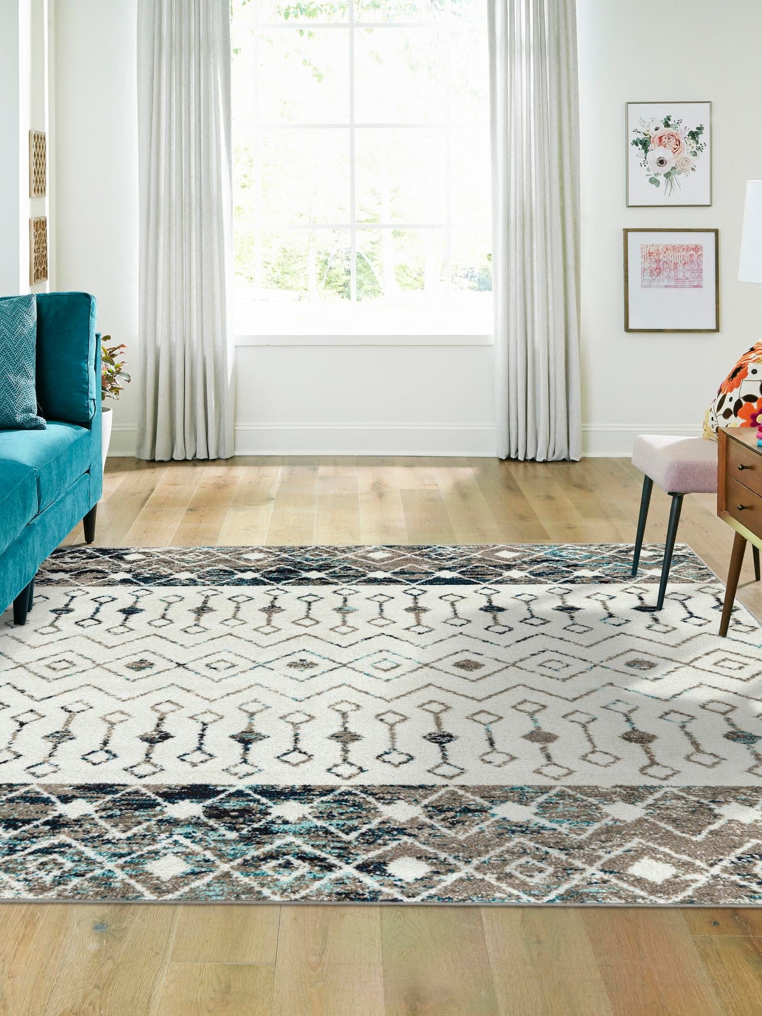 Ivory Gray Blue 5' 3 x 5' 3 Tribal Trellis Square Area Rug Geometric Southwestern Inspired Durable Carpet for Home Interior Design for Sale at Rug Engine