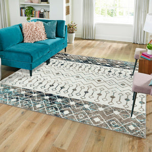 Ivory Gray Blue 3' 1 x 3' 1 Tribal Trellis Square Area Rug Geometric Southwestern Inspired Durable Carpet for Home Interior Design for Sale at Rug Engine