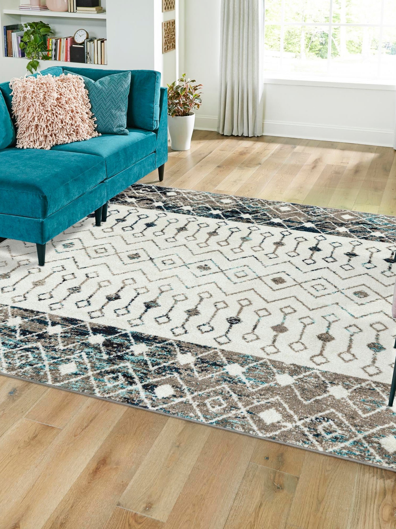 Ivory Gray Blue 7' 10 x 7' 10 Tribal Trellis Square Area Rug Geometric Southwestern Inspired Durable Carpet for Home Interior Design for Sale at Rug Engine