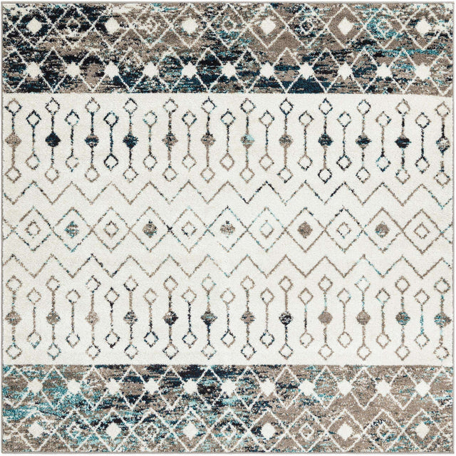 Ivory Gray Blue 6' 1 x 6' 1 Tribal Trellis Square Area Rug Geometric Southwestern Inspired Durable Carpet for Home Interior Design for Sale at Rug Engine
