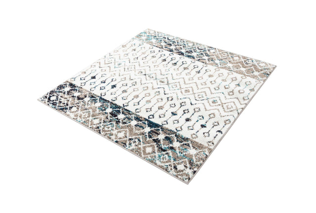 Ivory Gray Blue 4' 1 x 4' 1 Tribal Trellis Square Area Rug Geometric Southwestern Inspired Durable Carpet for Home Interior Design for Sale at Rug Engine
