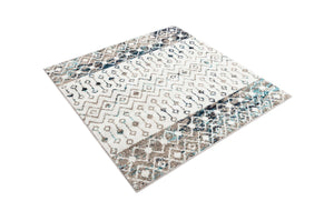 Ivory Gray Blue 4' 1 x 4' 1 Tribal Trellis Square Area Rug Geometric Southwestern Inspired Durable Carpet for Home Interior Design for Sale at Rug Engine