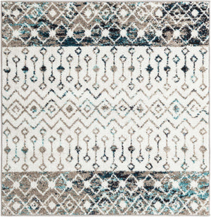 Ivory Gray Blue 4' 1 x 4' 1 Tribal Trellis Square Area Rug Geometric Southwestern Inspired Durable Carpet for Home Interior Design for Sale at Rug Engine