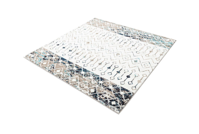 Ivory Gray Blue 5' 3 x 5' 3 Tribal Trellis Square Area Rug Geometric Southwestern Inspired Durable Carpet for Home Interior Design for Sale at Rug Engine