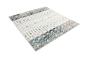 Ivory Gray Blue 5' 3 x 5' 3 Tribal Trellis Square Area Rug Geometric Southwestern Inspired Durable Carpet for Home Interior Design for Sale at Rug Engine