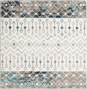 Ivory Gray Blue 5' 3 x 5' 3 Tribal Trellis Square Area Rug Geometric Southwestern Inspired Durable Carpet for Home Interior Design for Sale at Rug Engine