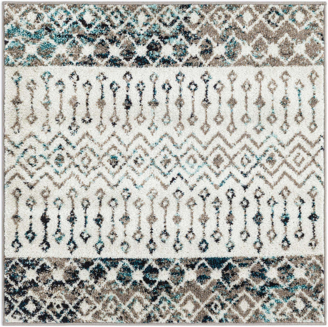 Ivory Gray Blue 3' 1 x 3' 1 Tribal Trellis Square Area Rug Geometric Southwestern Inspired Durable Carpet for Home Interior Design for Sale at Rug Engine