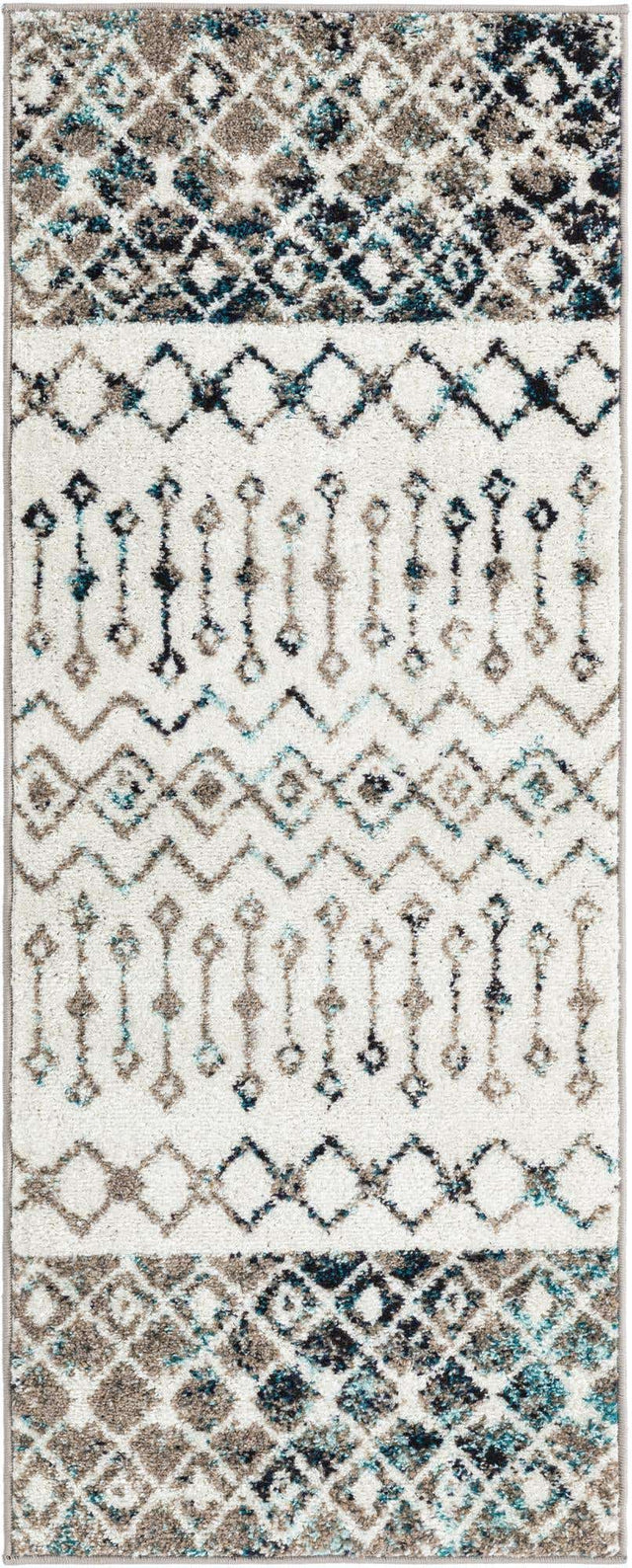 Ivory Gray Blue 2' x 5' 3 Tribal Trellis Runner Area Rug Geometric Southwestern Inspired Durable Carpet for Home Interior Design for Sale at Rug Engine