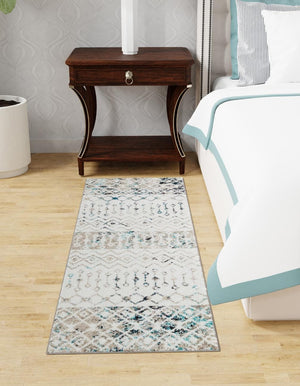 Ivory Gray Blue 2' x 5' 3 Tribal Trellis Runner Area Rug Geometric Southwestern Inspired Durable Carpet for Home Interior Design for Sale at Rug Engine