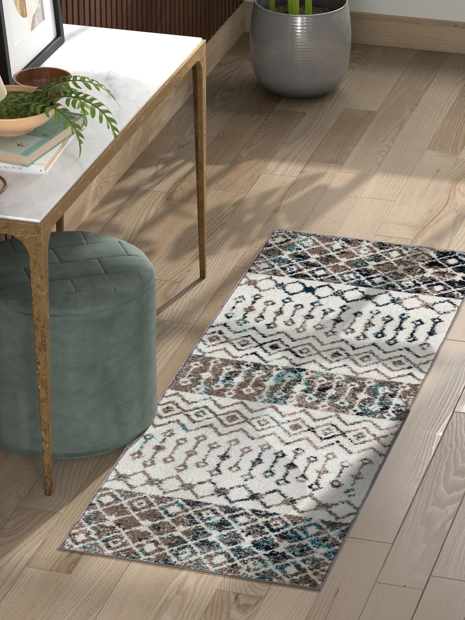 Ivory Gray Blue 2' 7 x 12' Tribal Trellis Runner Area Rug Geometric Southwestern Inspired Durable Carpet for Home Interior Design for Sale at Rug Engine
